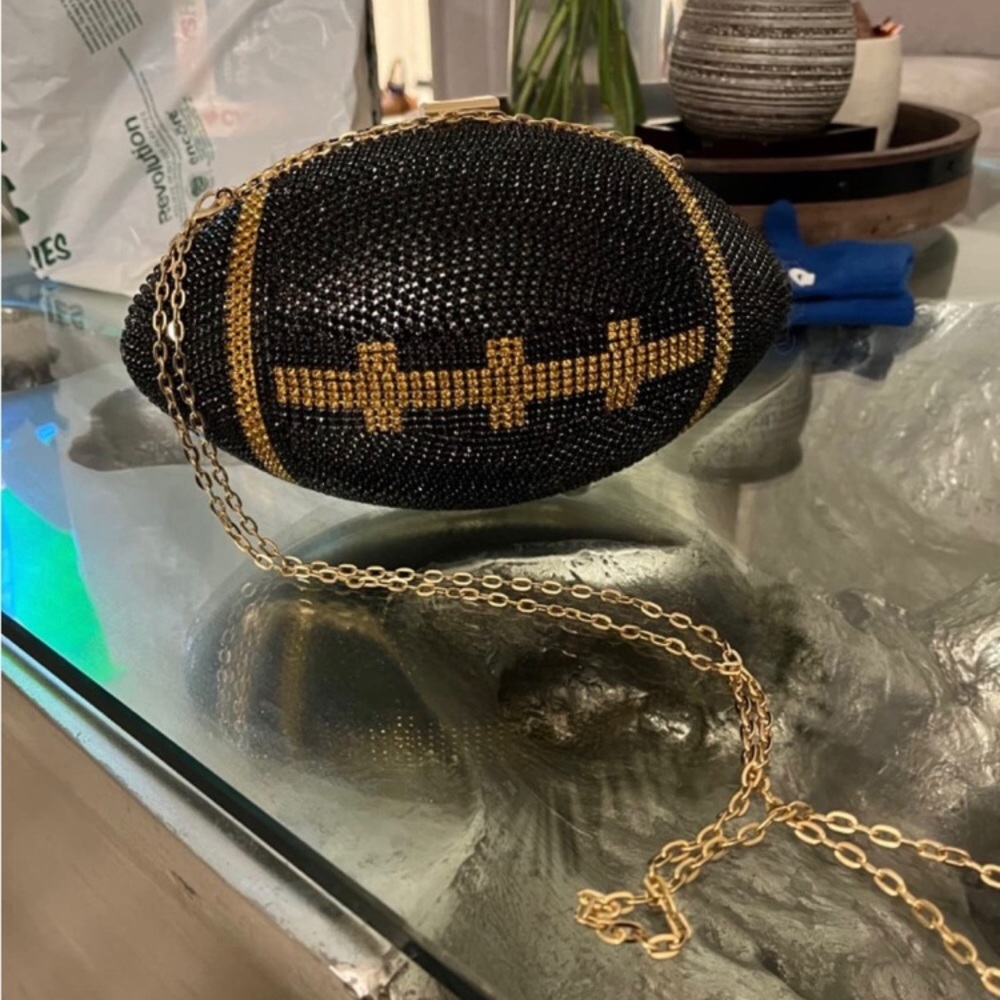Black Football Shaped Purse Rhinestone Crystal Evening Bag Clutch Super Bowl